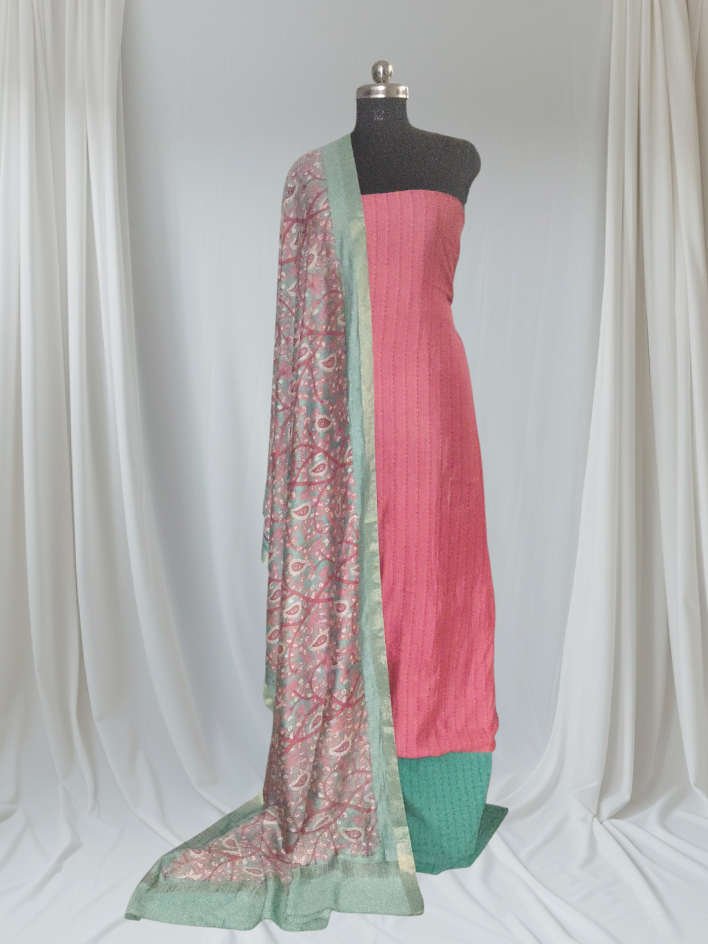 Full Set View – Maheshwari Silk Crimson & Emerald 3-Piece Unstitched Suit Set with Kalamkari Dupatta | Tantuvanacrafts