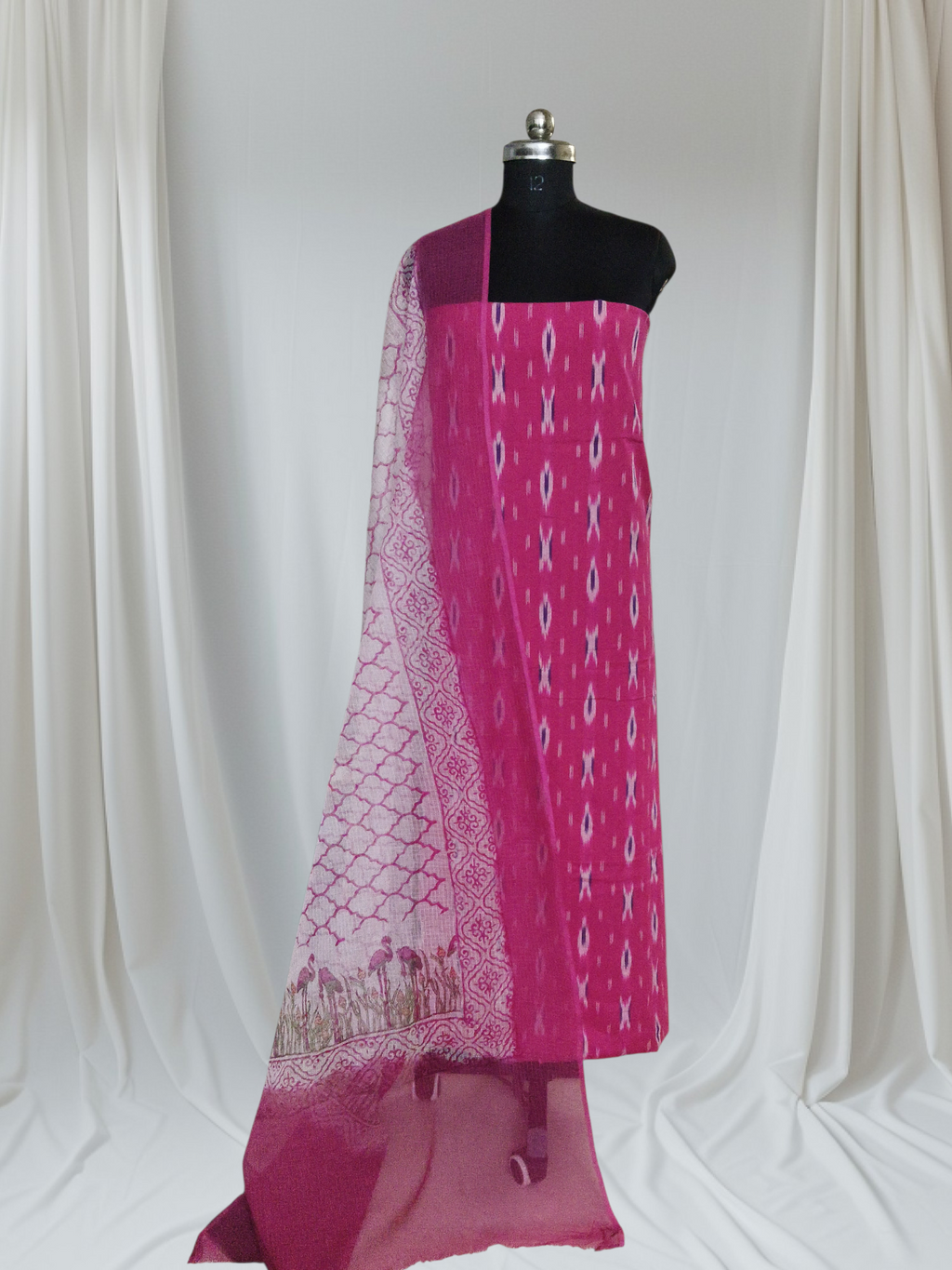 Ikat 2-piece unstitched suit – Kota Doria block print dupatta, pink portrait shot