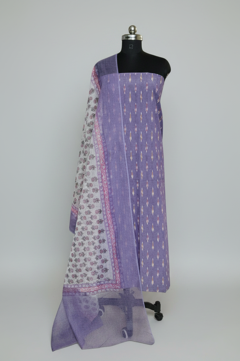 Indian handloom ikat 2-piece unstitched suit with Kota block print dupatta – purple and cream, editorial portrait