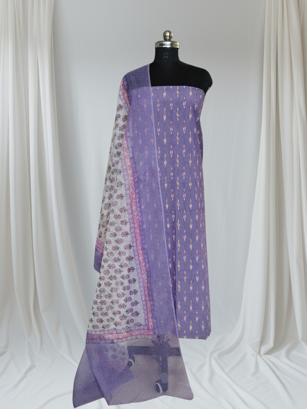 Ikat 2-piece unstitched suit – Kota block print dupatta, purple and cream, portrait shot
