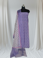 Ikat 2-piece unstitched suit – Kota block print dupatta, purple and cream, portrait shot