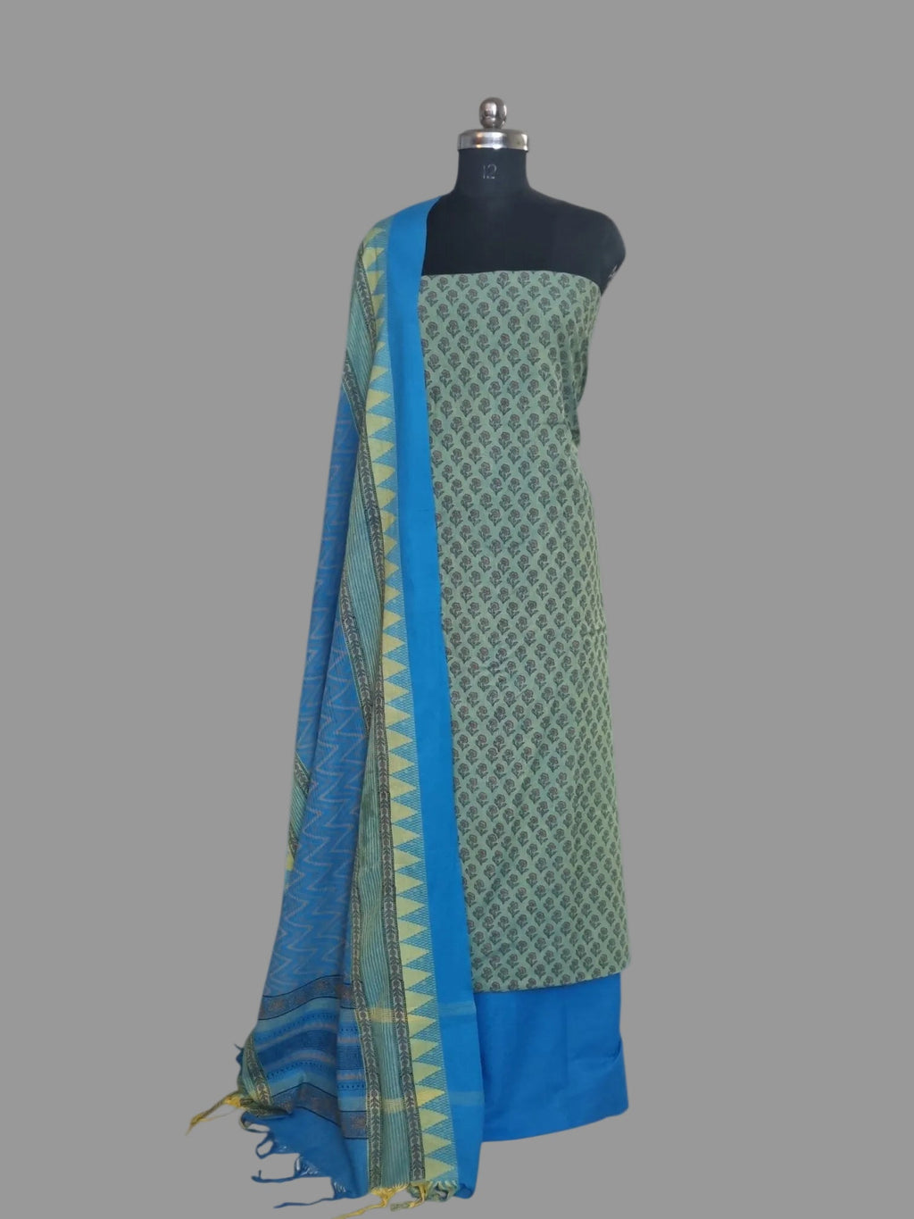 Blue Green Handloom Cotton Unstitched Salwar Suit Set – Front View