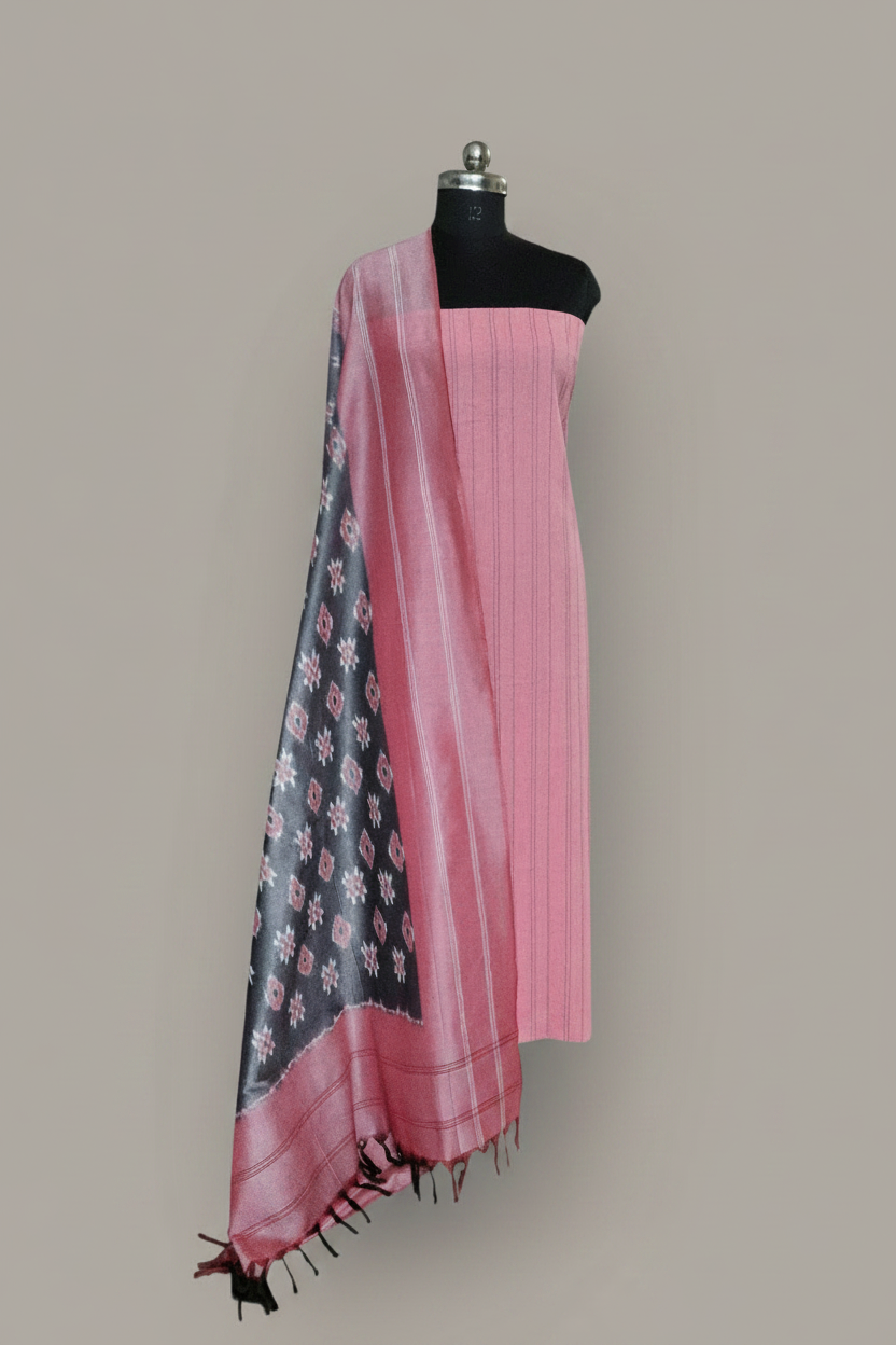 Indian handloom 2-piece unstitched suit with ikat dupatta – peach-pink and grey, editorial portrait