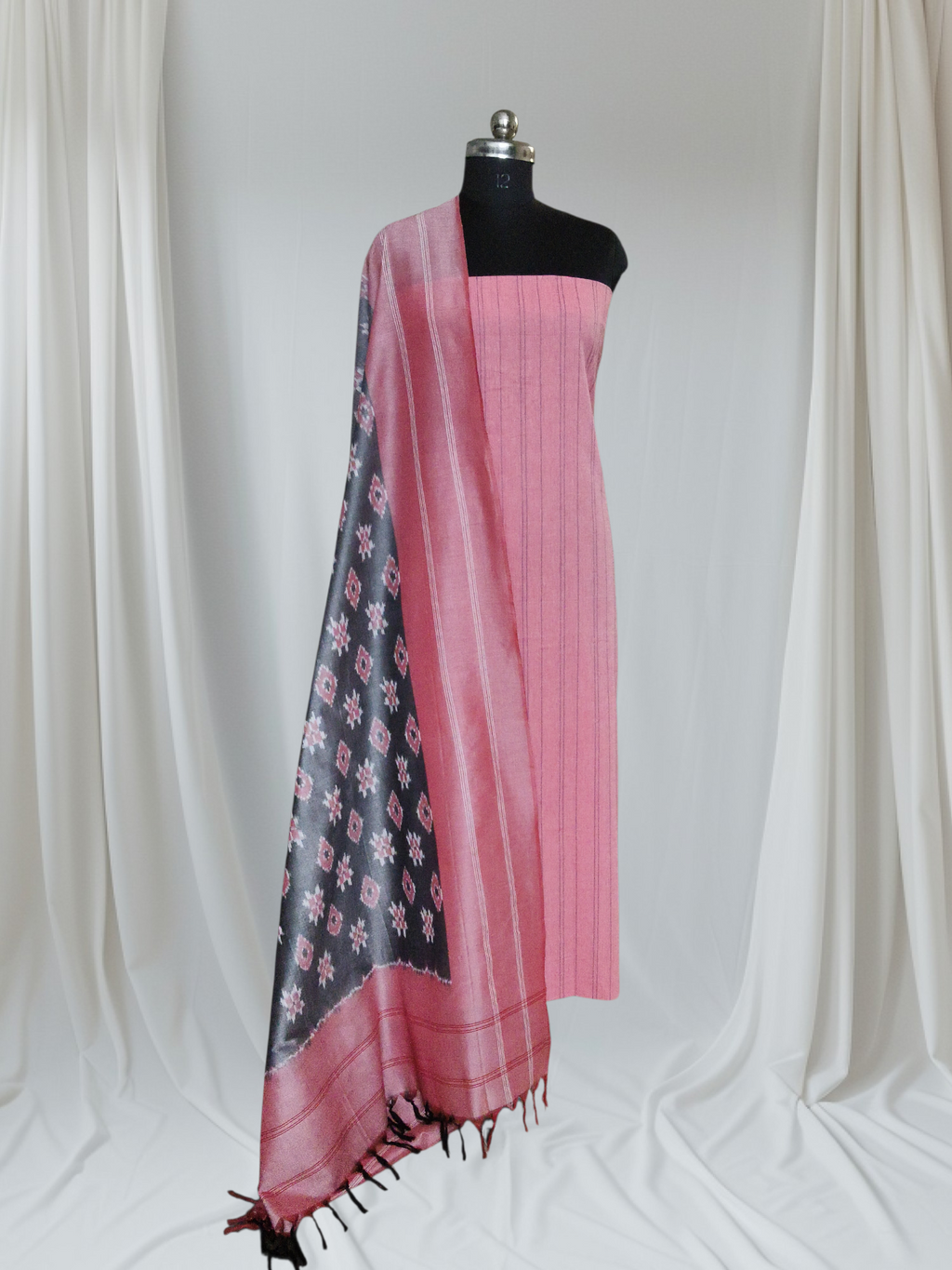 Handloom 2-piece unstitched suit – ikat dupatta, peach-pink and grey, portrait shot