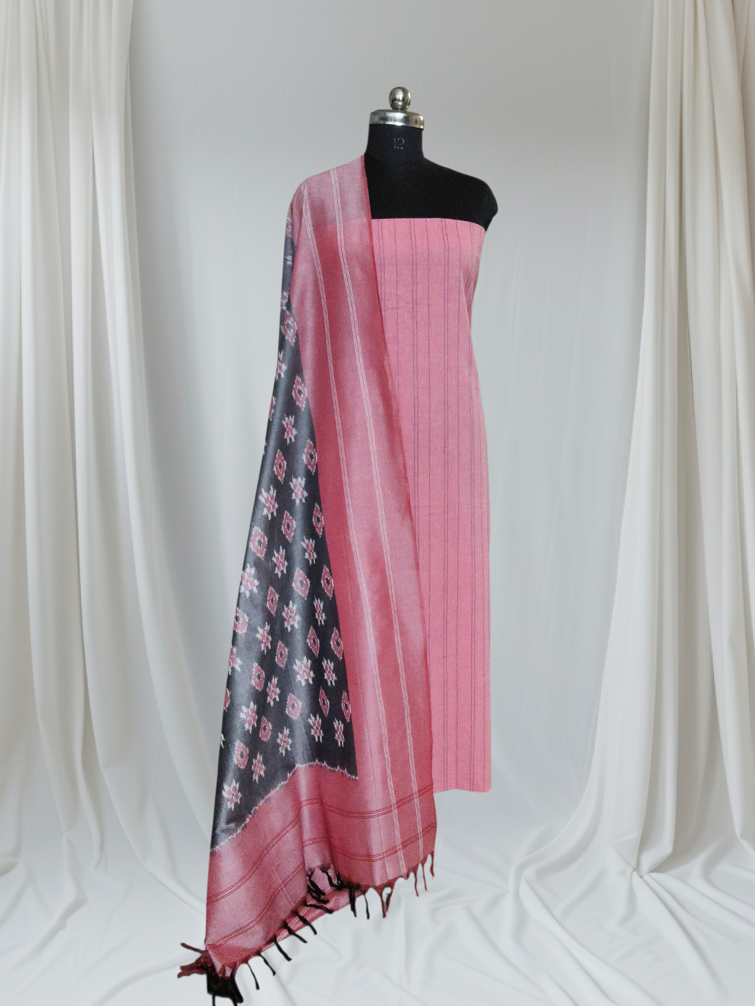 Handloom 2-piece unstitched suit – ikat dupatta, peach-pink and grey, portrait shot