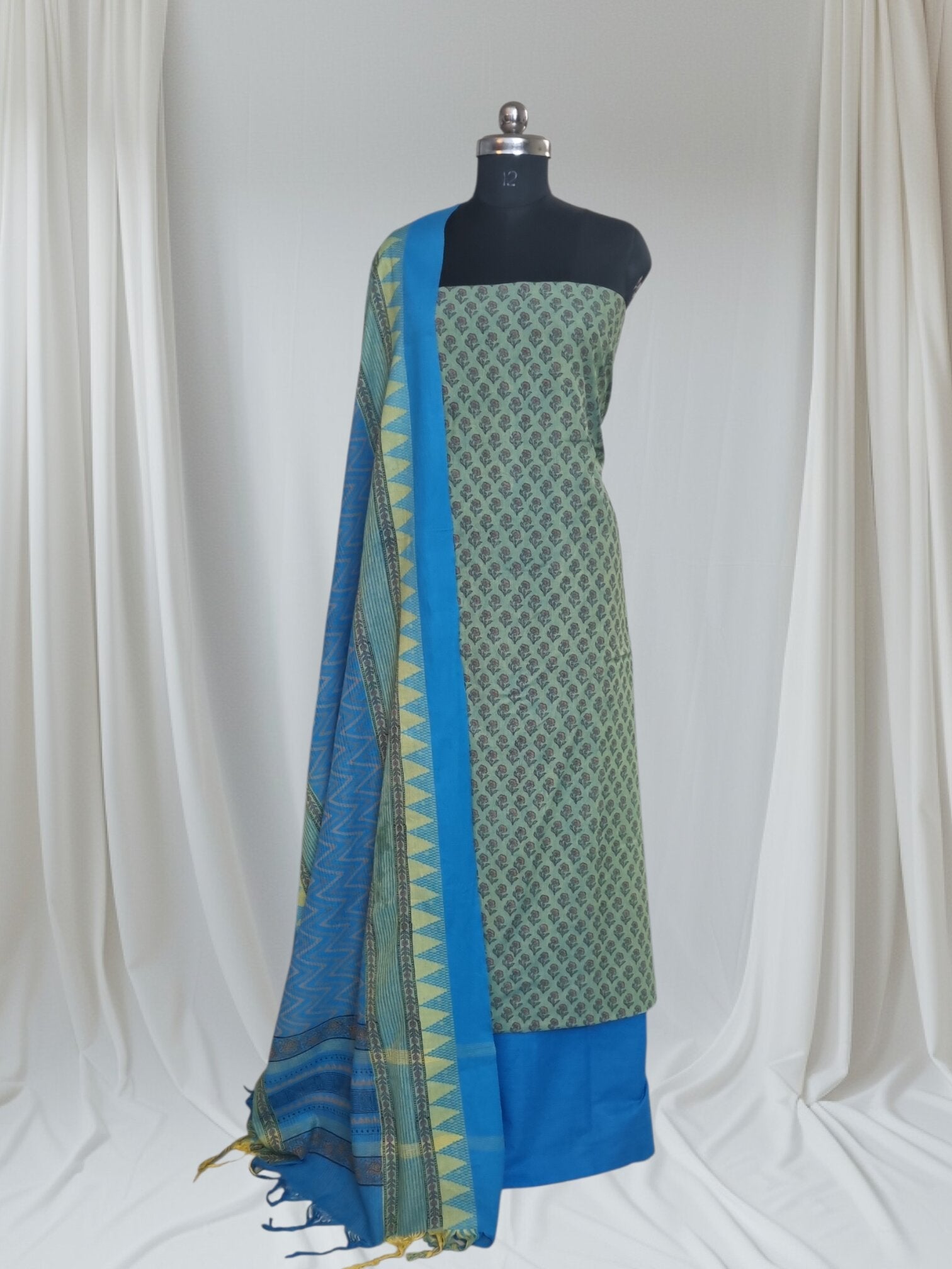 Blue & Green Cotton Unstitched Suit – Ethnic Indian Handloom Set