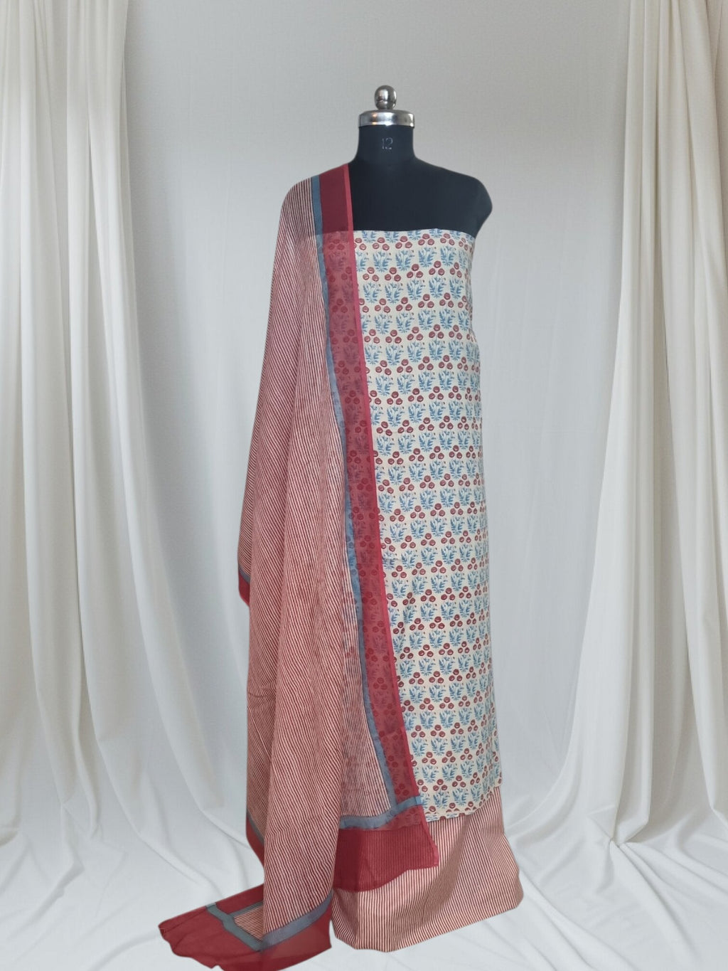 Beige Blue & Red Cotton 3-Piece Unstitched Suit – Indian Handloom – Styled View