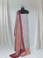 Beige Blue & Red Cotton 3-Piece Unstitched Suit – Indian Handloom – Styled View