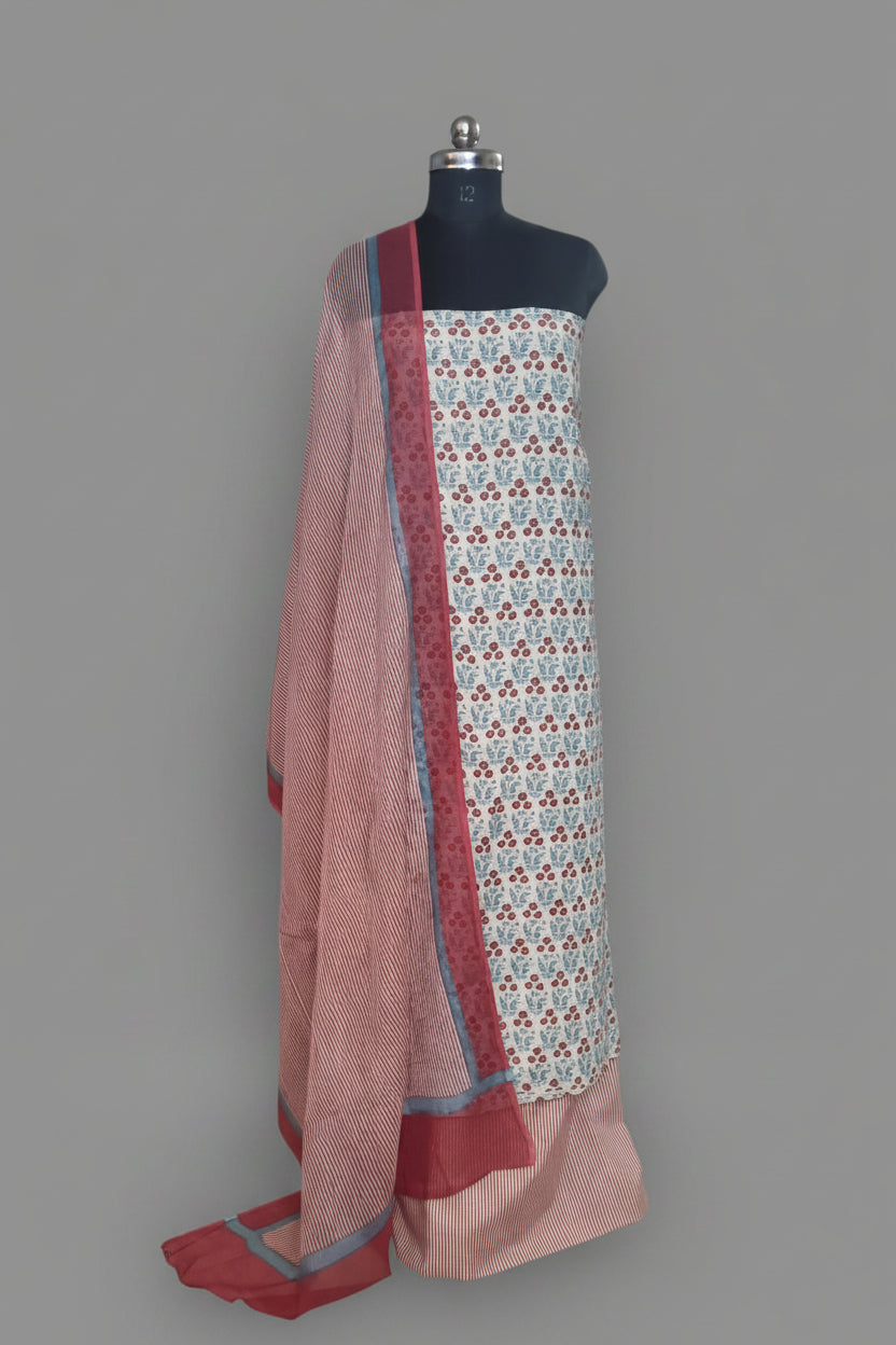 Cotton 3-Piece Unstitched Suit – Beige, Blue & Red – Block Print – Full View
