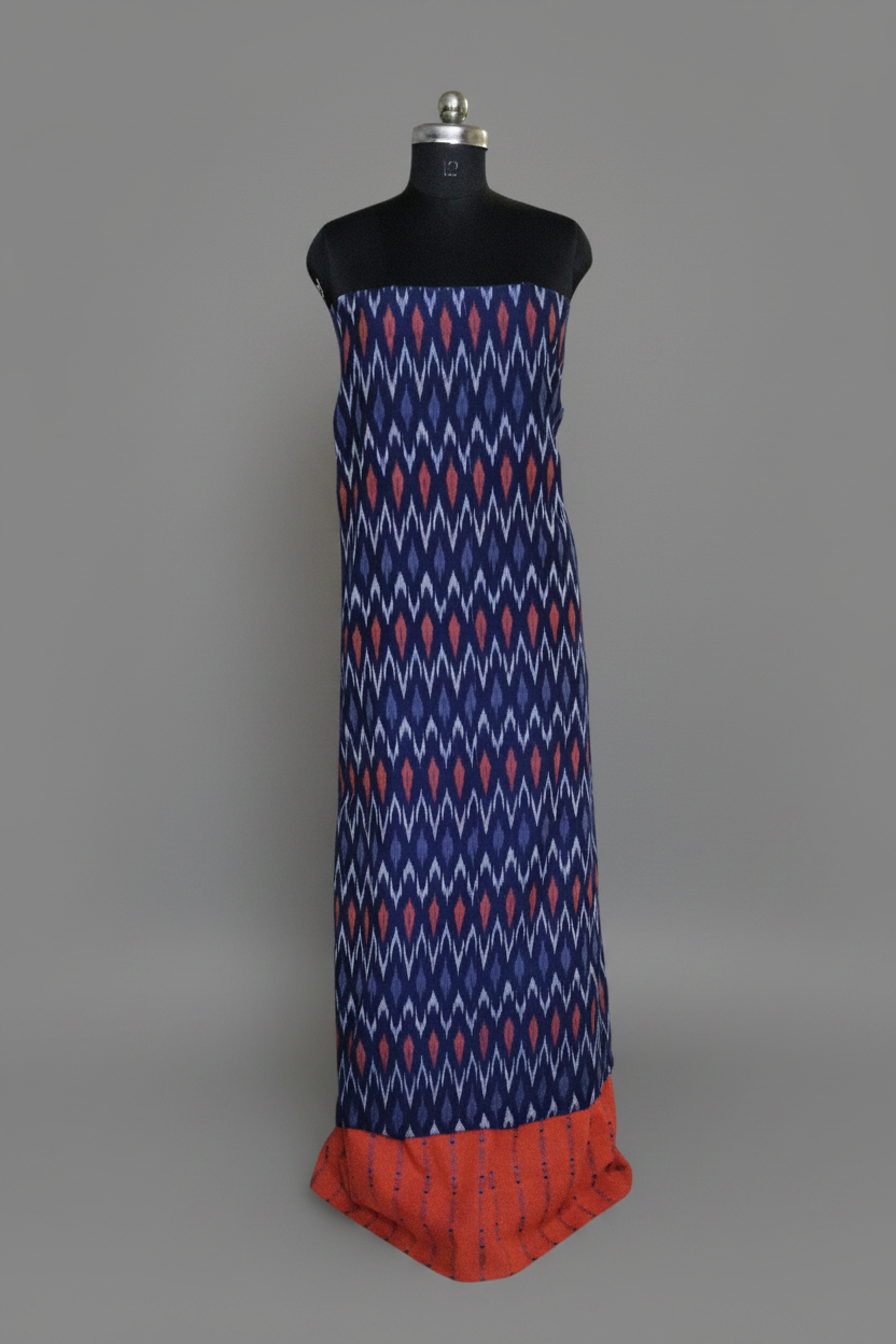 Indian handloom ikat 2-piece unstitched co-ord set – navy blue and orange, editorial portrait