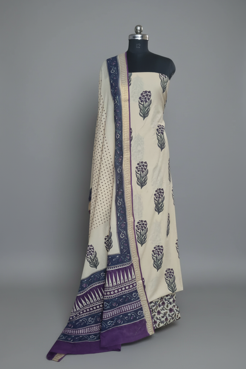 Cotton Block Print Unstitched Suit Cream Purple Blue – Full Look – SKU 1141