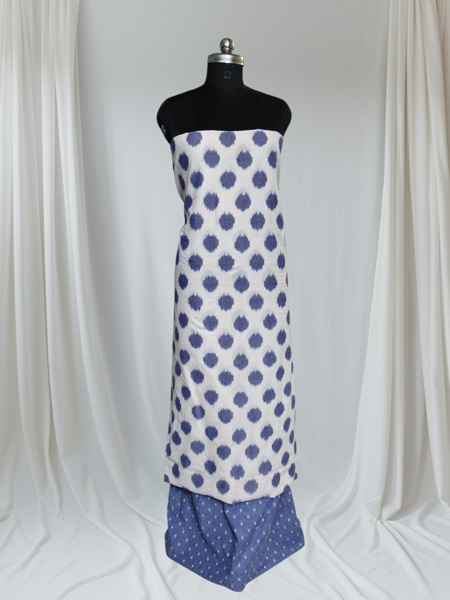 Indian handloom Ikat 2-piece unstitched co-ord set – cream and blue floral weave