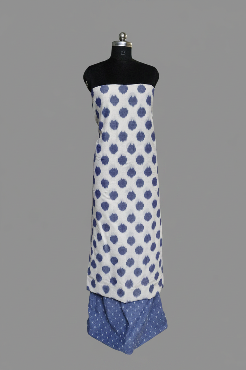 Ikat handloom 2-piece unstitched co-ord set in cream and blue – Indian ethnic wear