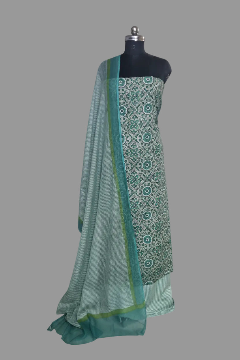 Green cotton printed unstitched suit set with Kota Doria dupatta – front portrait