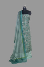 Green cotton printed unstitched suit set with Kota Doria dupatta – front portrait