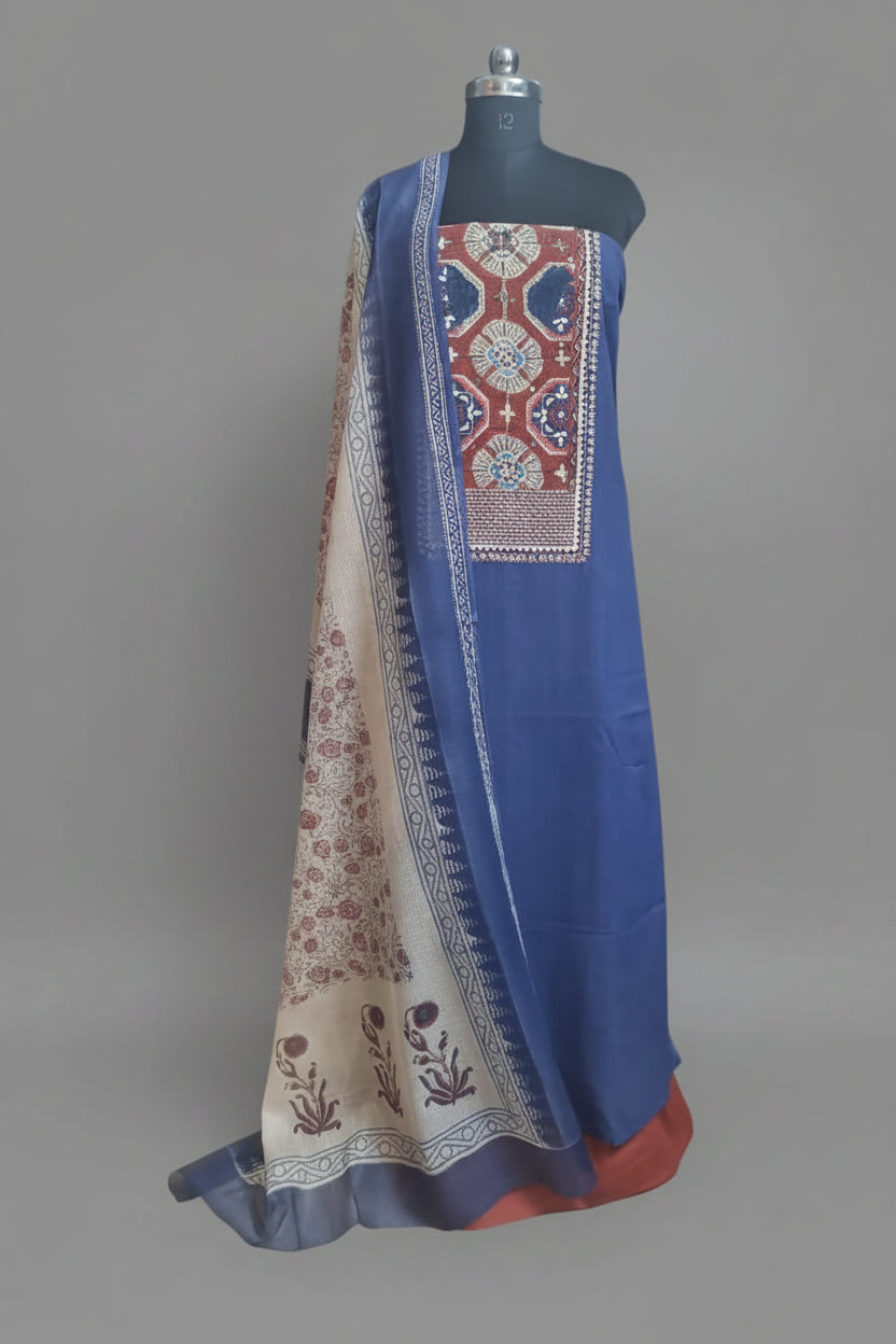 Kota Doria dupatta with Navy Blue and Rust unstitched salwar suit set – front view