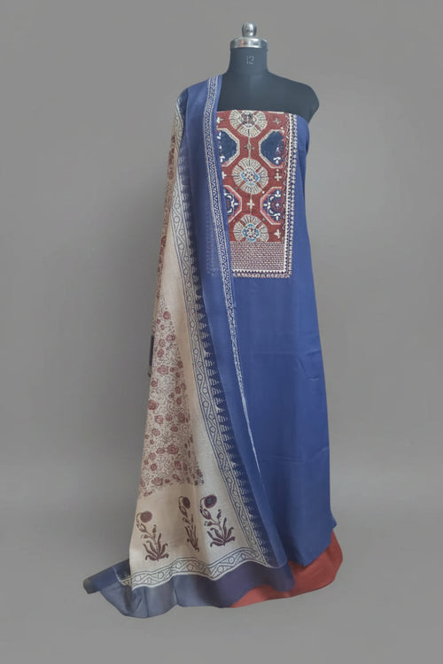 Kota Doria dupatta with Navy Blue and Rust unstitched salwar suit set – front view