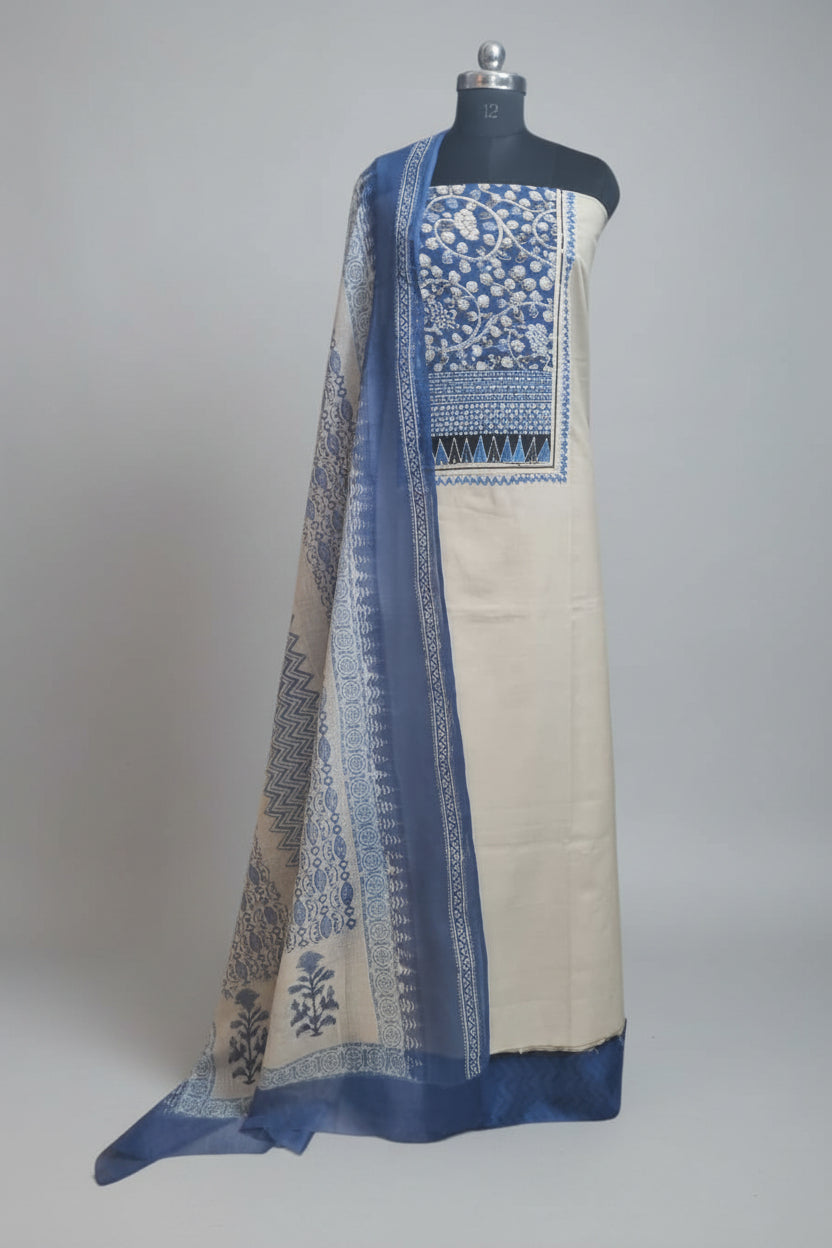 Blue block printed bottom of Taupe unstitched suit set with Kota Doria dupatta – detail view
