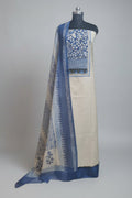 Blue block printed bottom of Taupe unstitched suit set with Kota Doria dupatta – detail view