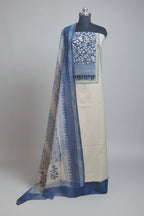 Blue block printed bottom of Taupe unstitched suit set with Kota Doria dupatta – detail view