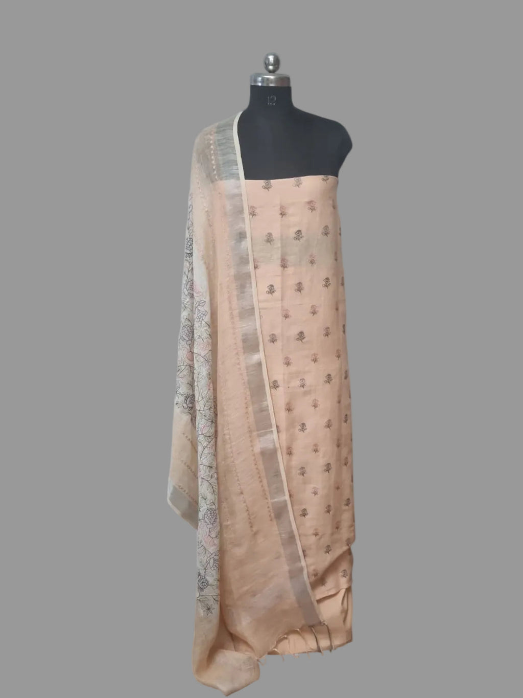 Light apricot 3-piece linen suit – full product view with dupatta