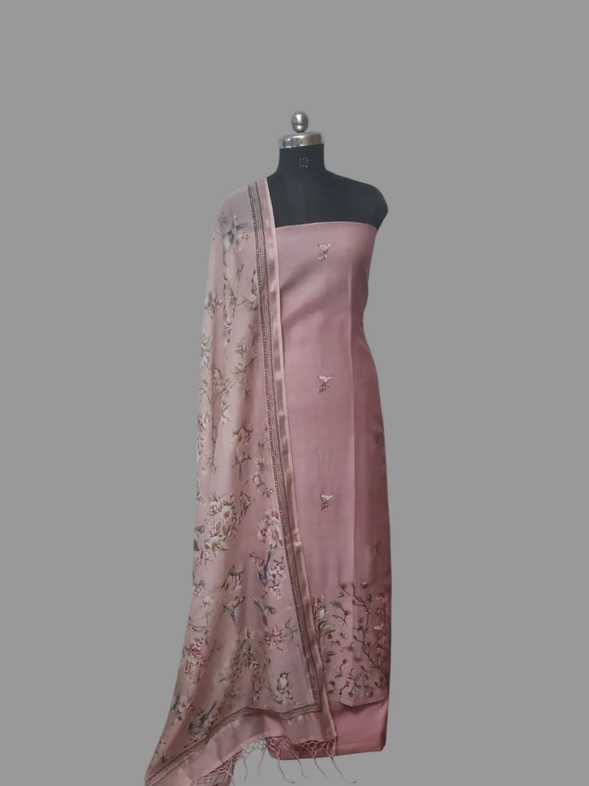Dusky pink 3-piece unstitched suit – full product view with dupatta