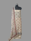 Soft yellow printed linen unstitched suit set with Pichwai print dupatta – front view