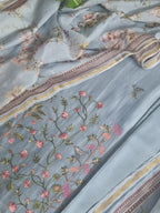 Powder blue machine embroidery unstitched suit set – front flat lay