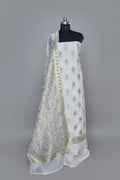 Cream & green Indian handloom Banarasi unstitched suit set – full set view