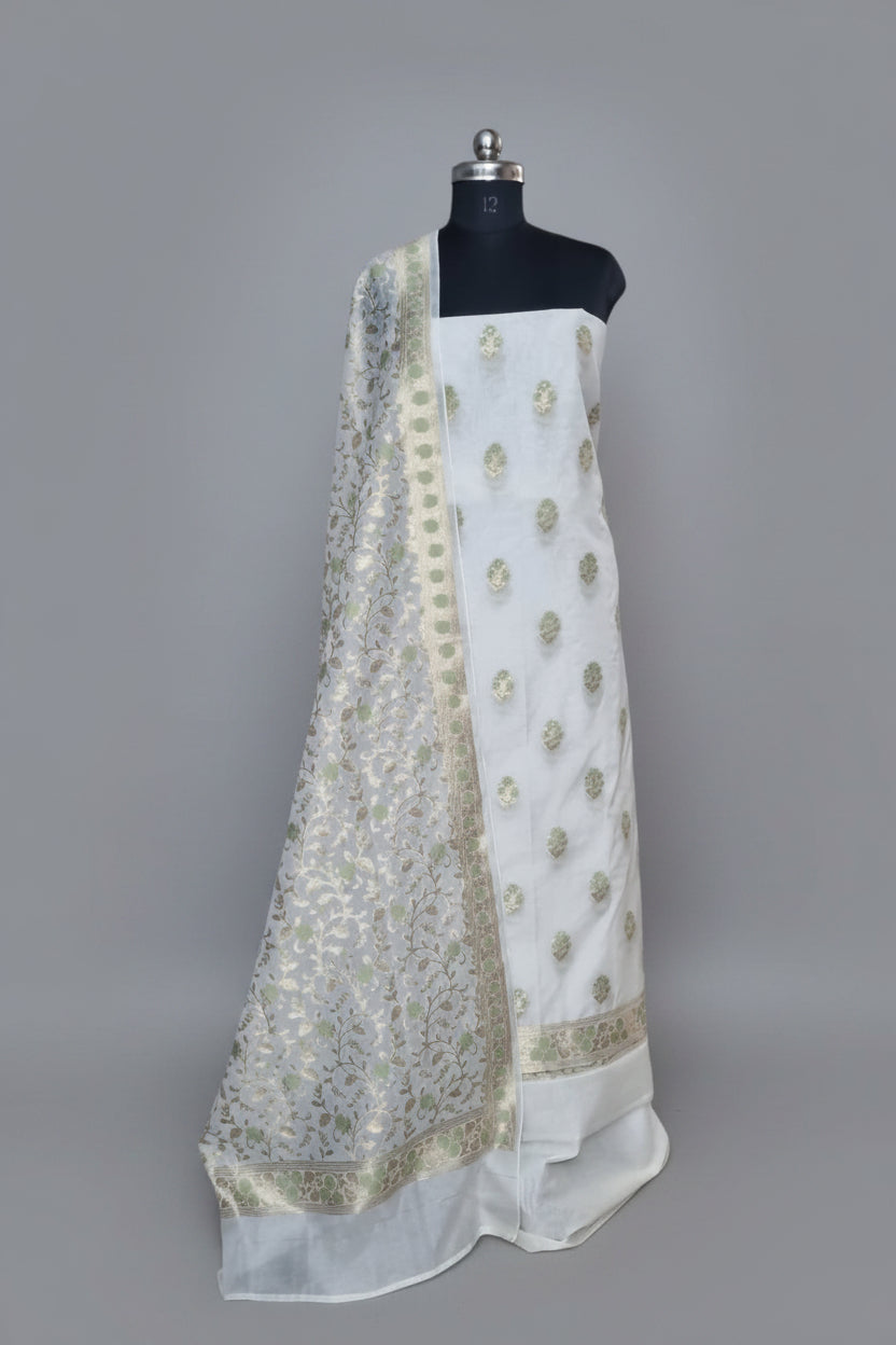 Cream & green Indian handloom Banarasi unstitched suit set – full set view