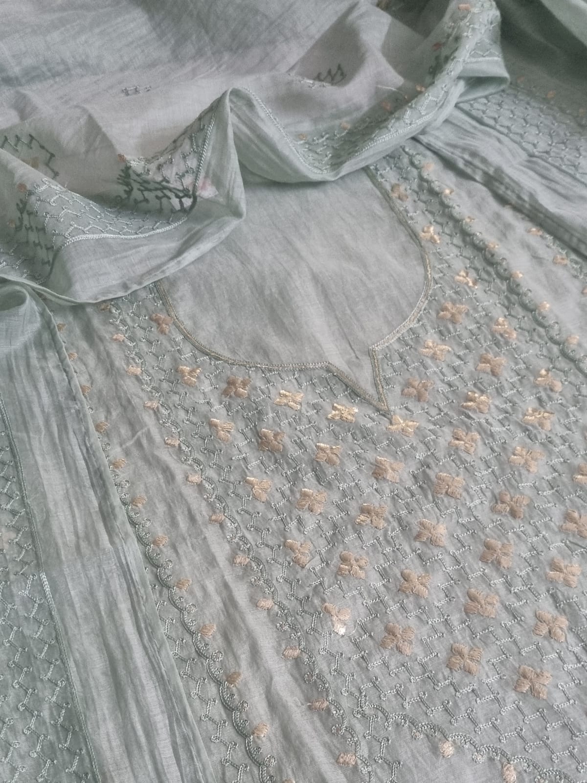 Flat lay close-up of powder green Chanderi silk kurta yoke with pita work floral embroidery and silver thread jaal weave