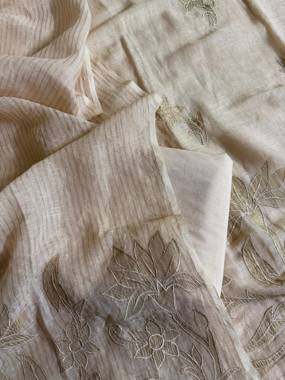Beige linen unstitched kurta fabric with gold silk tissue applique floral embroidery and fine stripe weave