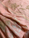 Peach beige Chanderi silk kurta fabric with gold silk tissue appliqué tulip, lotus bud and leaf motifs in close detail