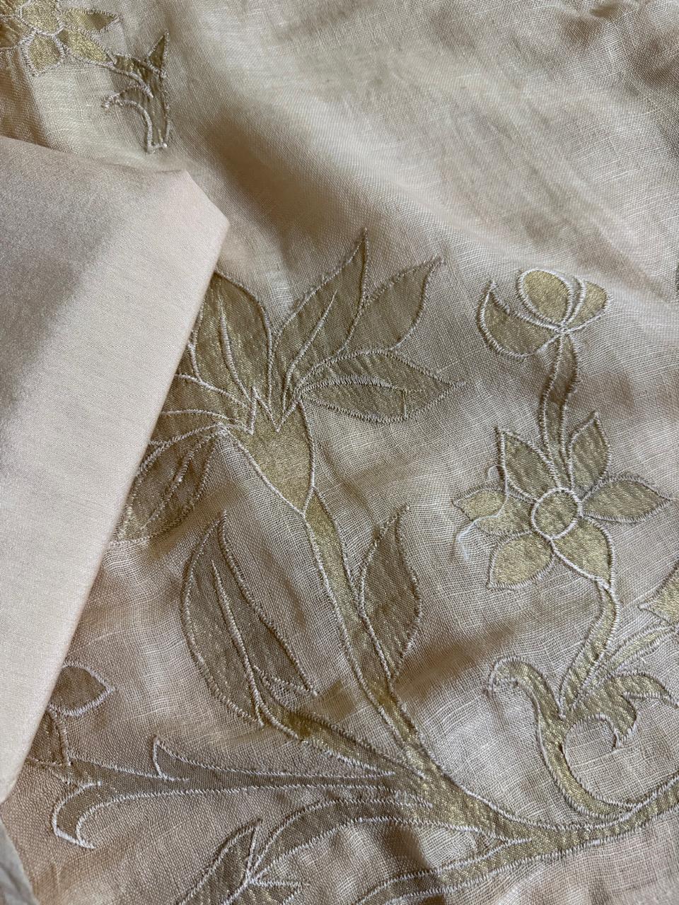 Beige linen unstitched suit fabric pieces with gold silk tissue applique floral and leaf embroidery detail