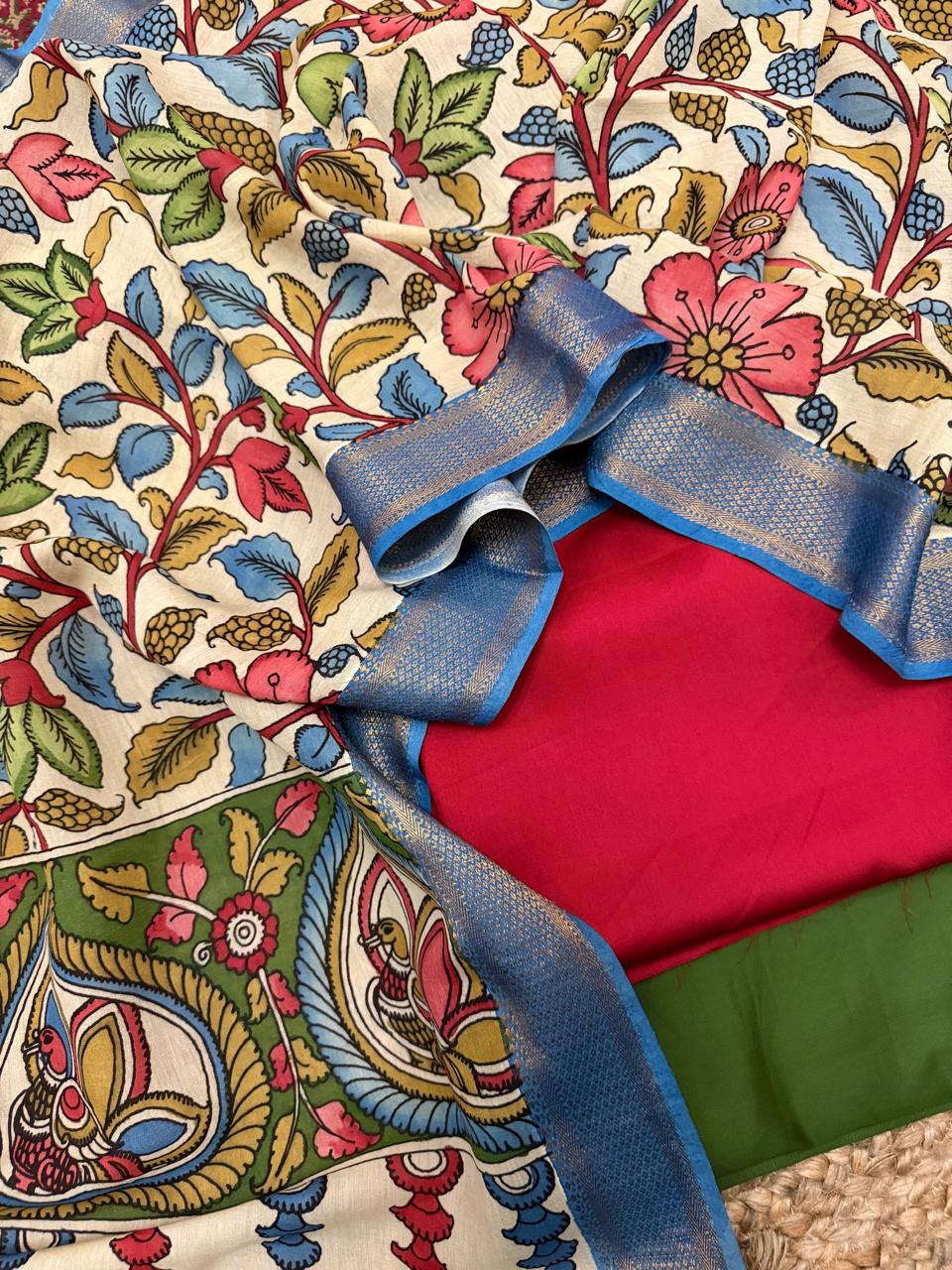 Hand pen Kalamkari dupatta with red and green cotton silk unstitched suit set – Mangalgiri pattu silk dupatta, 3-piece handloom ethnic wear by Tantuvana"