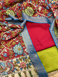 Hand pen Kalamkari dupatta with red and fresh green cotton silk 3-piece unstitched suit set – flat lay overview, Mangalgiri silk dupatta, House of Tantuvana