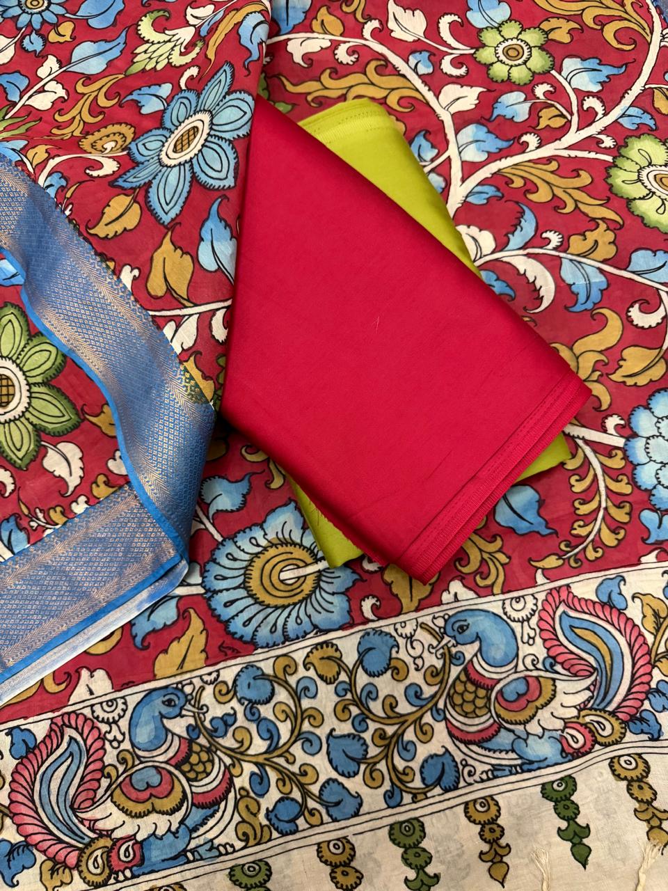 Pen Kalamkari Mangalgiri silk dupatta paired with crimson red and fresh green cotton silk suit fabrics – 3-piece unstitched handloom set, Tantuvana