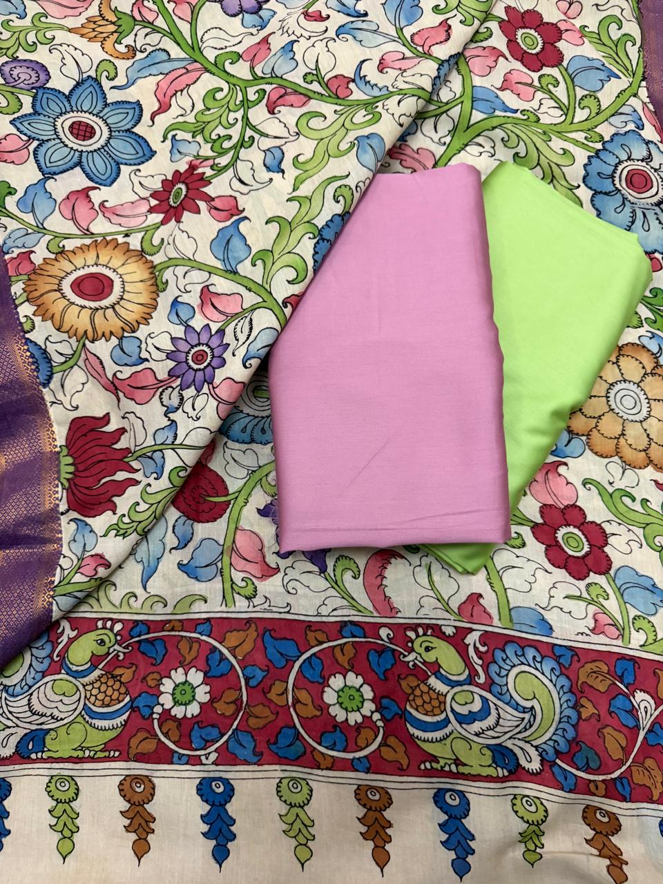 Pen Kalamkari Mangalgiri silk dupatta with rose pink cotton silk kurta fabric and lime green bottom – 3-piece unstitched handloom suit set, Tantuvana