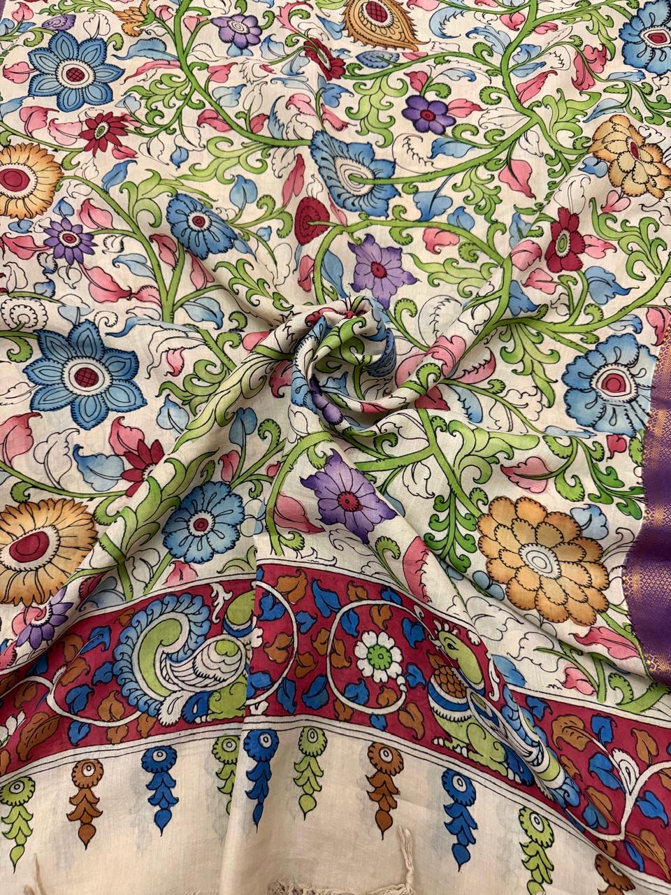 Draped hand pen Kalamkari dupatta showing texture and movement – multicolour floral vine body with peacock-pair maroon border and purple Zari edge, Mangalgiri pattu silk, Tantuvana