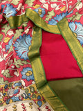 Hand pen Kalamkari dupatta with red and forest green cotton silk 3-piece unstitched suit set – flat lay overview, crimson red floral vine dupatta with gold Zari border, House of Tantuvana