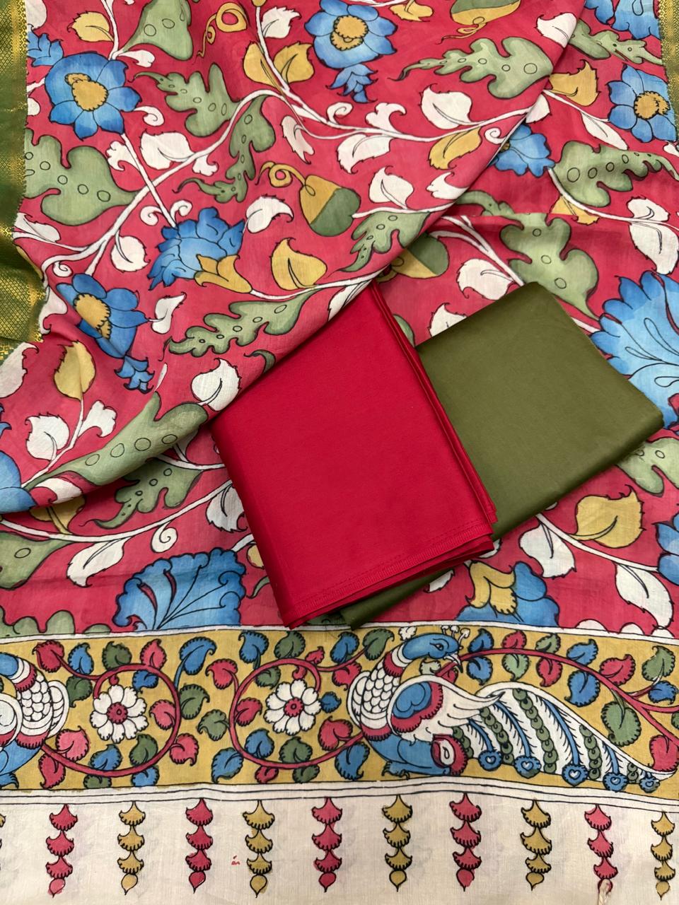 Pen Kalamkari Mangalgiri silk dupatta paired with red and forest green cotton silk suit fabrics – 3-piece unstitched handloom set flat lay, Tantuvana