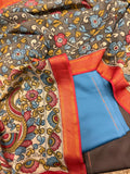 Hand painted Kalamkari dupatta with state blue and charcoal brown cotton silk 3-piece unstitched suit set – flat lay overview with grey floral body and ivory peacock pallu, House of Tantuvana