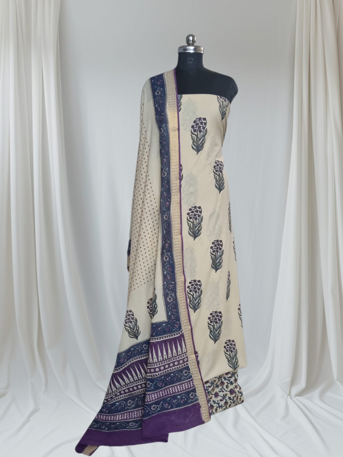 3-Piece Unstitched Suit Set – Golden Border Block Print – Indian Handloom – SKU 1141
