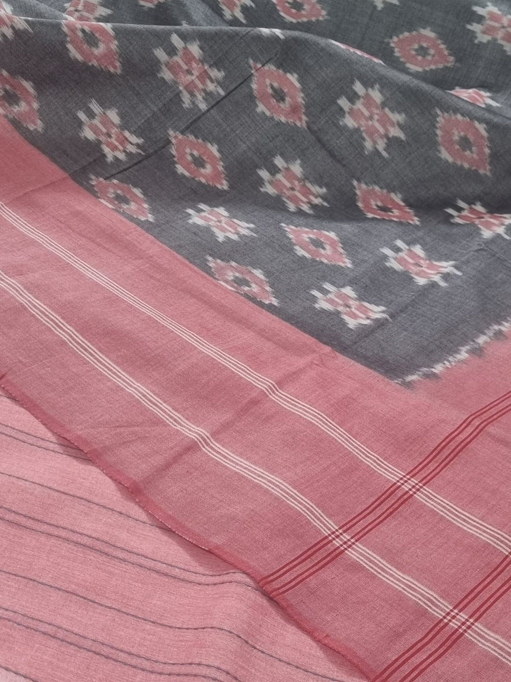 Unstitched handloom salwar kameez with ikat dupatta – peach-pink grey, full view