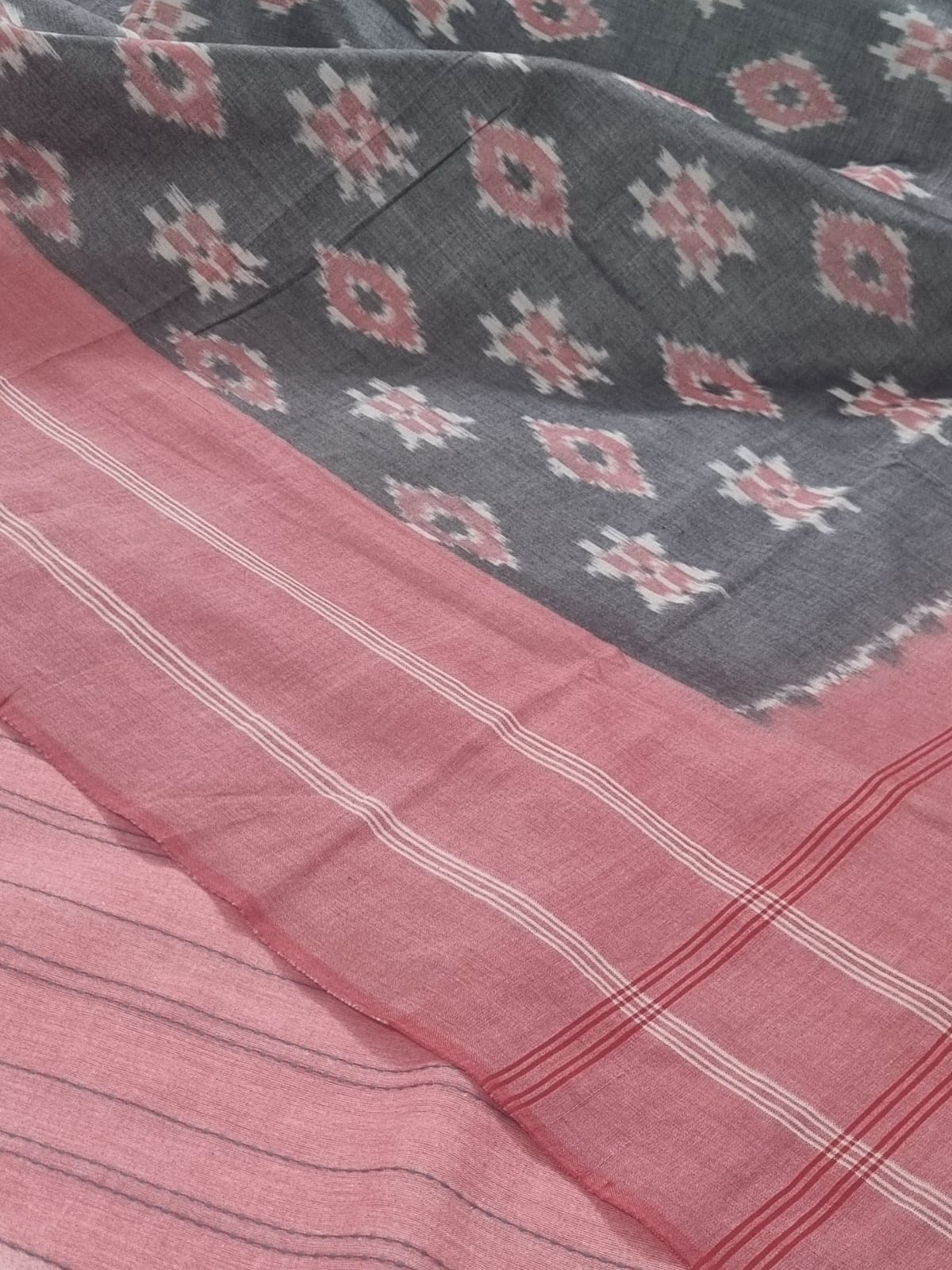 Unstitched handloom salwar kameez with ikat dupatta – peach-pink grey, full view