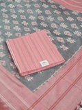 Peach-pink and grey handloom unstitched suit set with ikat dupatta – front view