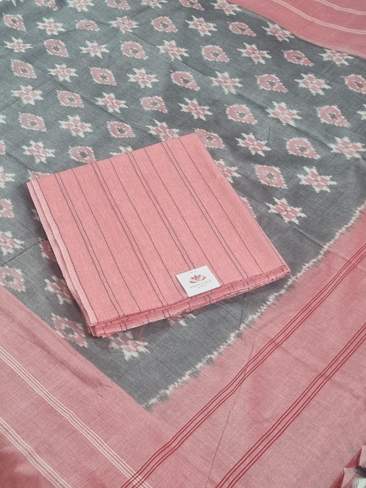 Peach-pink and grey handloom unstitched suit set with ikat dupatta – front view