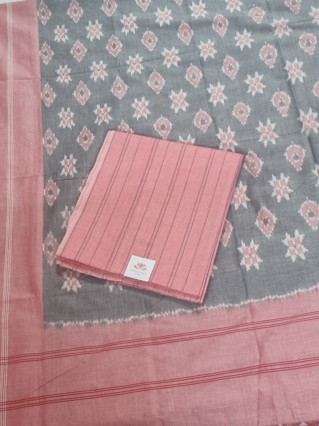 Indian handloom suit material in peach-pink and grey – fabric close-up