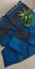 Midnight Blue & Black Handwoven Linen Unstitched Set – Indian Handloom Detail View