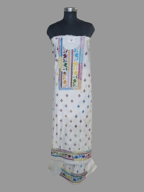 Cream & multicolour Kantha hand-embroidered 2-piece unstitched co-ord set – styled shot